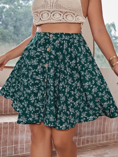 

plus ditsy floral print button front skirt 65fw#, Black