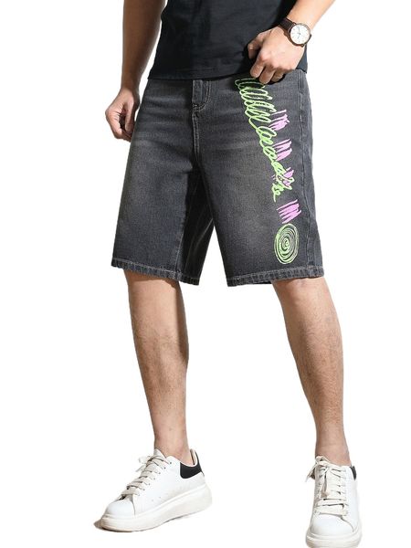 

men graffiti print cat whisker denim shorts w9fu#, White;black