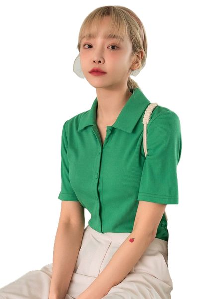 

dazy b.utton up r.ib-knit c.rop tee 92ig#, White