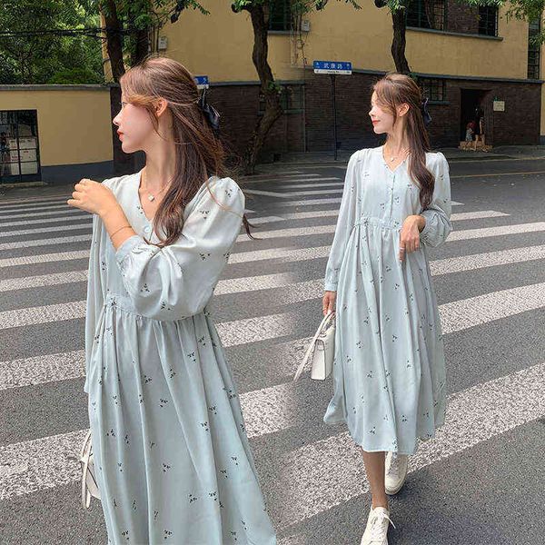 

printed loose long pregnant women green dress j220628, White