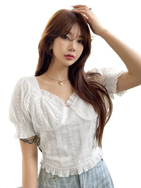 

dazy puff sleeve frill trim eyelet embroidery blouse n60c#, White