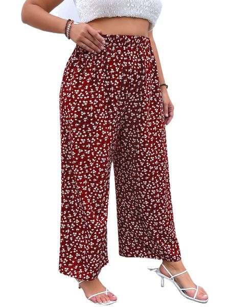 

plus ditsy floral wide leg pants x9sw#, Black
