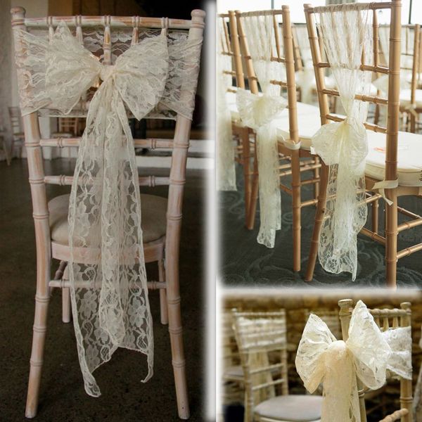 Chaves cubas elegantes cadeira de flor de renda 15x275cm Cadeiras bege pretas brancas laços de arco para a decoração de capa de festa de casamento de banquetes
