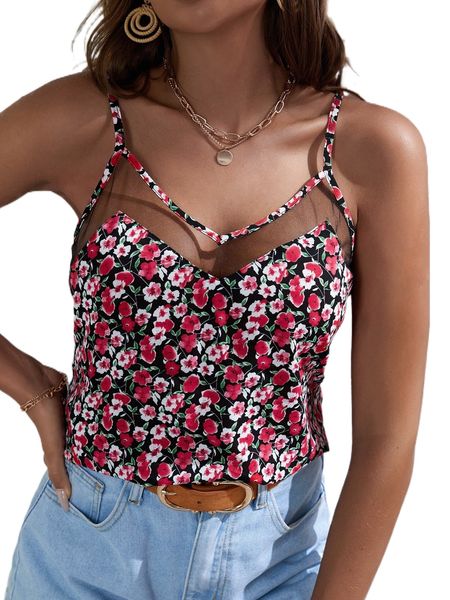 

floral print mesh panel cami l4ts#, White