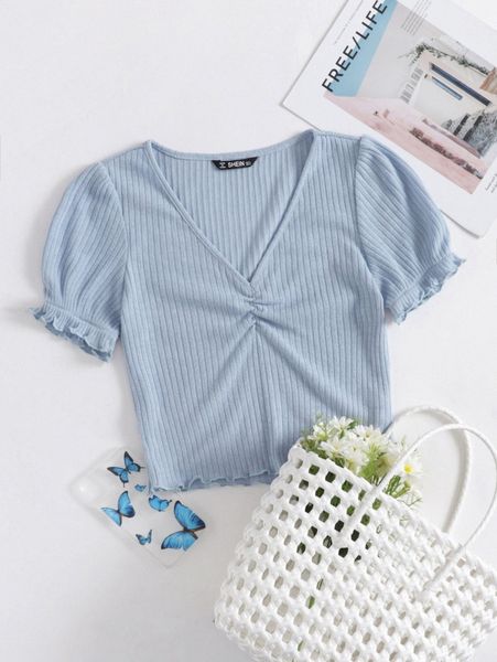 

ribbed lettuce-edge puff sleeve b4sj#, White