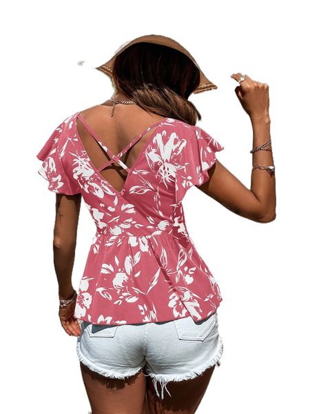 

floral print criss cross blouse x46j#, White