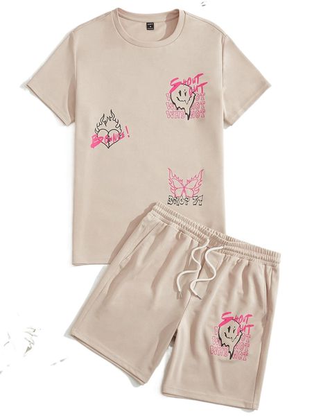 

men cartoon graphic tee & drawstring shorts w9kx#, Gray