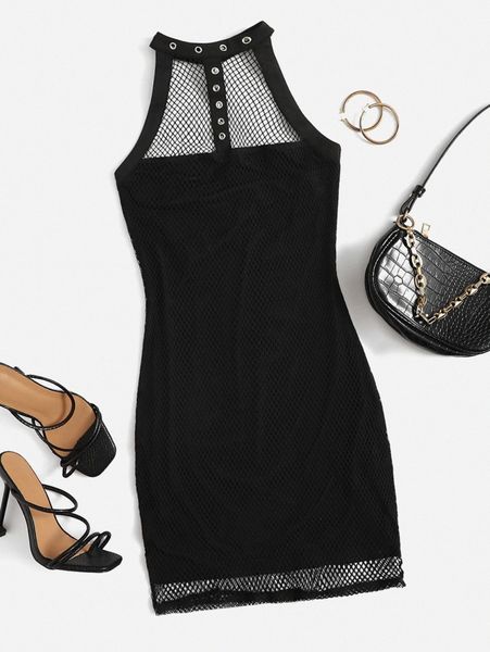 

grommet eyelet neck open back fishnet mesh overlay dress k6f1#, Black;gray