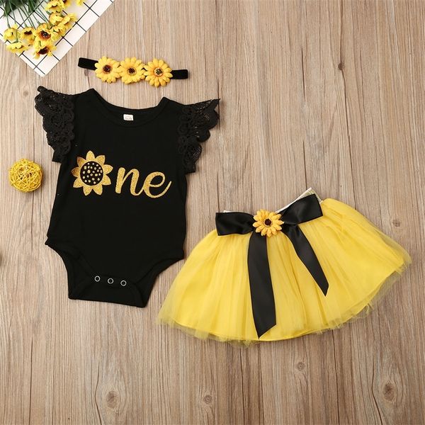 3 pezzi vestiti per bambina nati pizzo volant senza maniche pagliaccetto top ragazze mini gonna in tulle fascia abiti set 220608