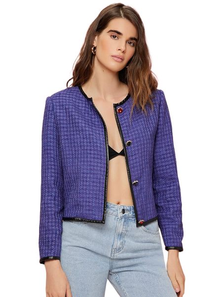 

plaid button through binding trim jacket i8t9#, Black;brown