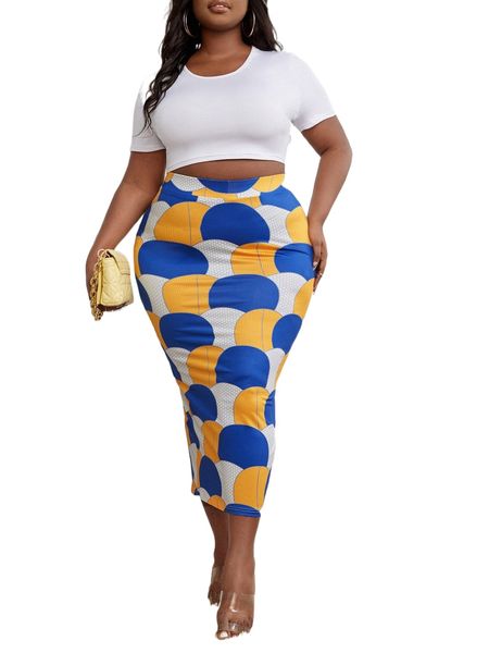 

sxy plus solid crop tee & geo print pencil skirt j1ea#, Black