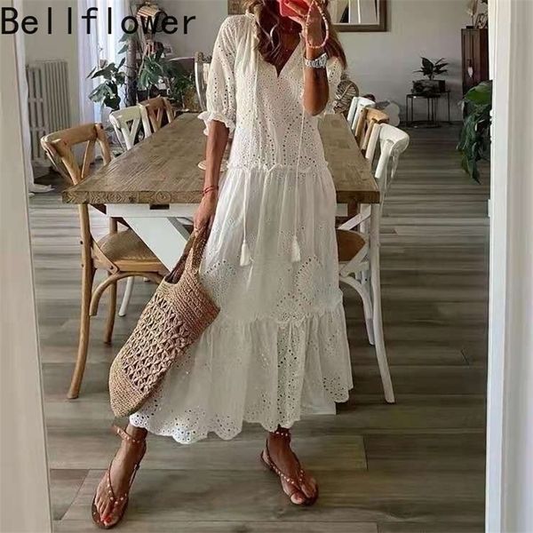 Beyaz Maxi Yaz Elbisesi Zarif Kısa Kollu Boş Out Kadınlar İçin Bohem Elbiseler Gevşek FIT V Boyun Sundress Vestidos 220402