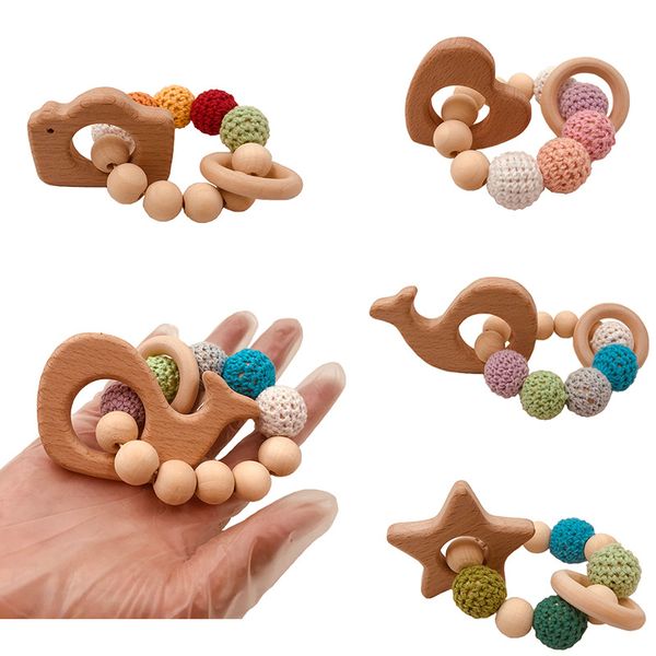 Baby Care Pulseiras de madeira Teether Crochet Chew Beads Segurança dentição de madeira chocalhos de brinquedo mordedor Montessori Pulseiras