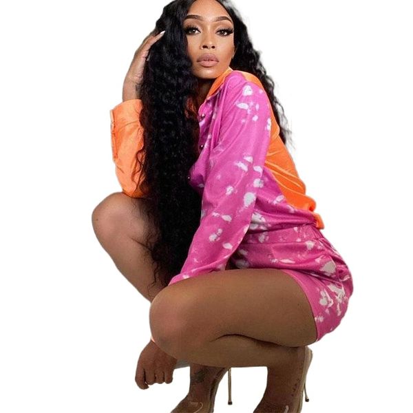 

women's tracksuits women summer outfits loungewear matching sets tie dye two piece set long sleeve button t shirt biker shorts s7ab#, Gray