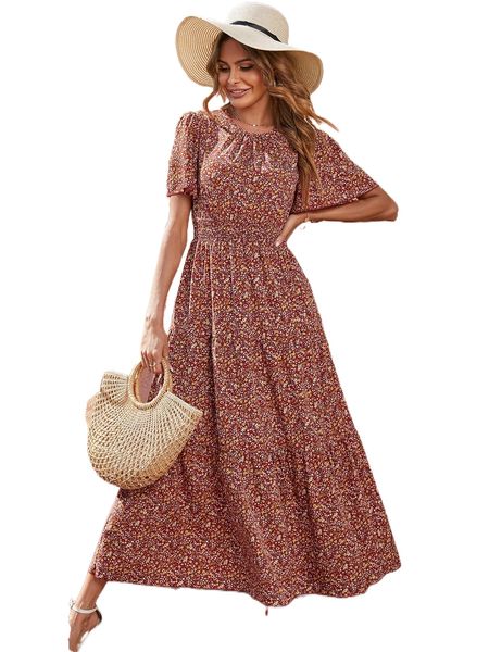 

ditsy floral puff sleeve ruffle hem dress w05k#, Black;gray