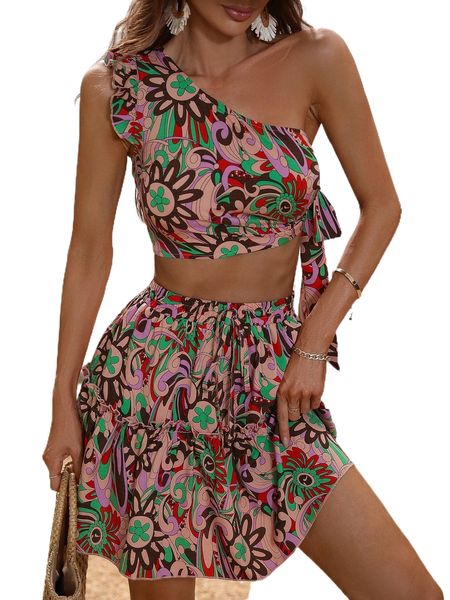 

floral knot one shoulder & frill ruffle hem skirt o7lu#, White