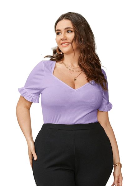 

plus puff sleeve sweetheart neck rib-knit tee r1tb#, Black