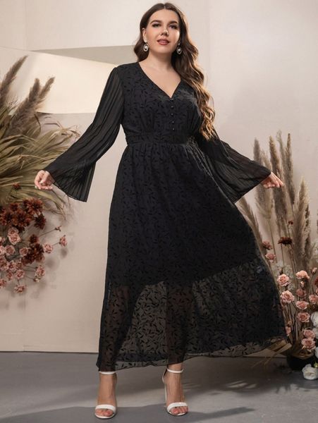 

plus plant print flounce sleeve mesh overlay dress p7a8#, Black