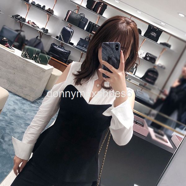 

women's knits & tees autumn and winter off shoulder shirt versatile waist closing temperament careful machine thin off shoulder fake tw, White