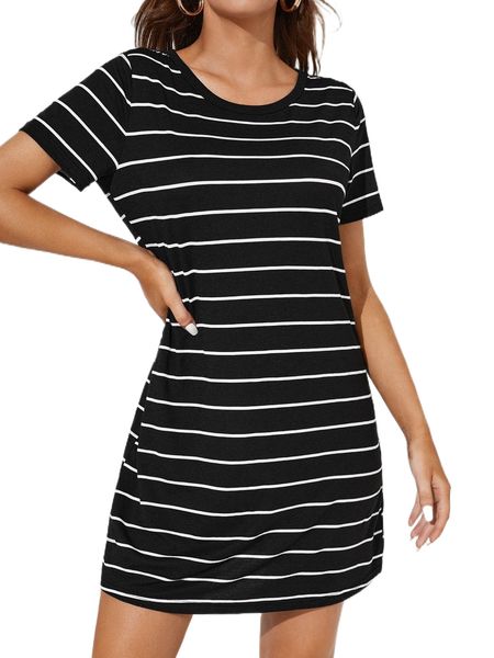 

tall striped round neck tee dress w7x4#, Black;gray