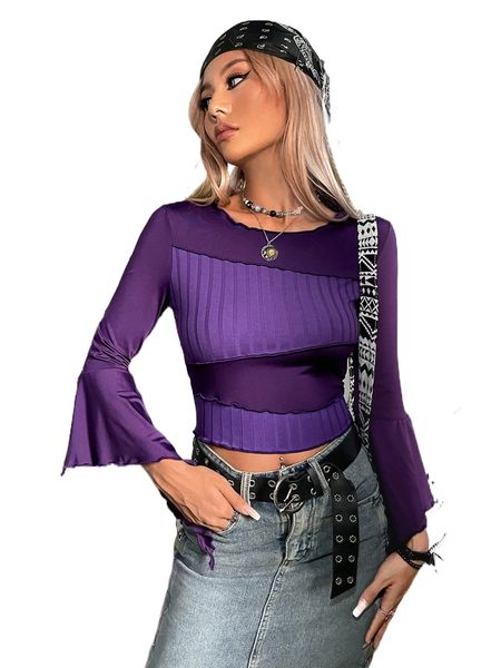 

grunge flounce sleeve lettuce trim crop tee z2v1#, White