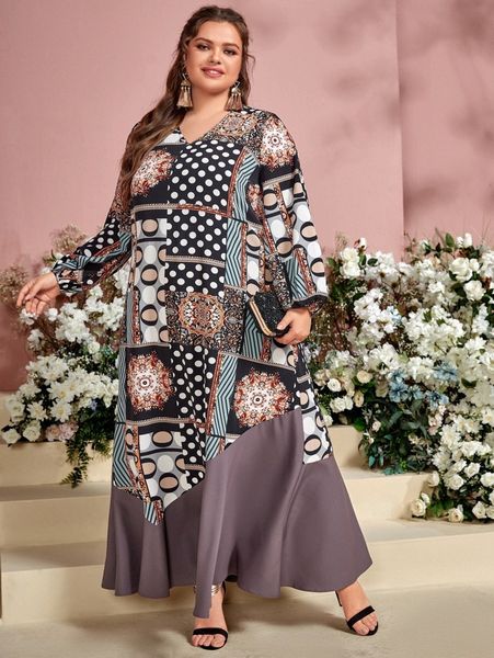 

plus patchwork print bishop sleeve dress 50se#, Black