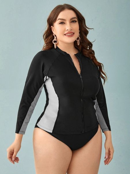 

plus color block zipper front bikini swimsuit p6is#, White;black