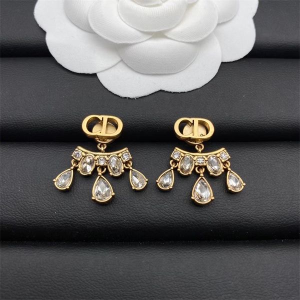 

designer jewelry online new inlaid rhinestone short tassel female net red same letter cds925 silver needle earrings, Golden