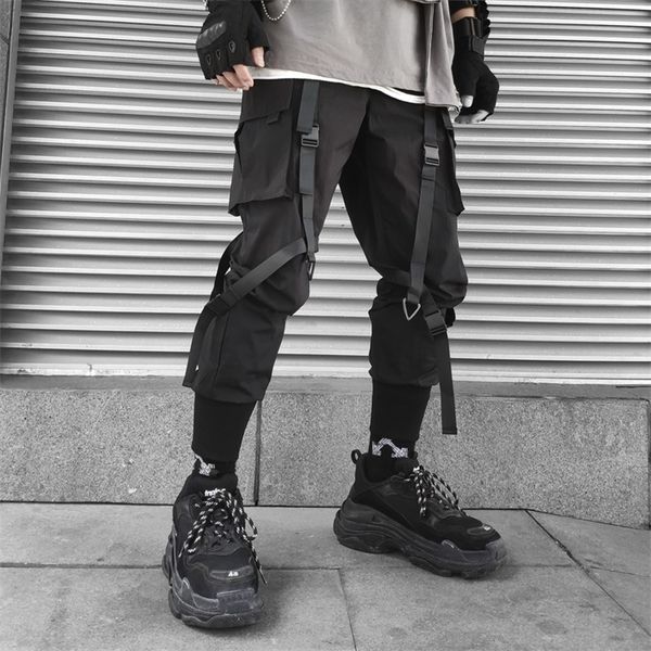 

harajuku fashion mens hip hop clothing streetwear cargo plaid pants for male joggers harem high street polyester sport trousers 220704, Black