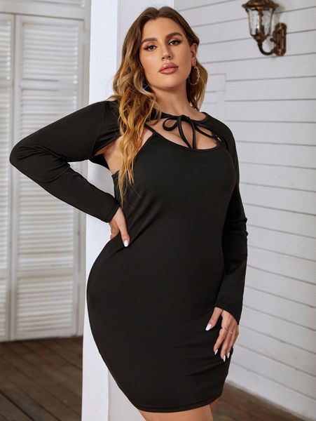 

plus solid bodycon dress & tie front r2cg#, Black