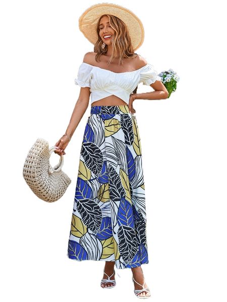 

tropical high waist flare hem maxi skirt i0z3#, Black