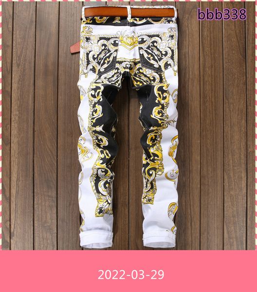 

mens jeans mens slim print fashion flower straight white denim pants long trousers asian size bbb, Blue