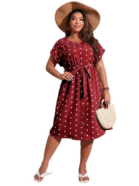 

plus polka dot batwing sleeve belted dress u9ft#, Black