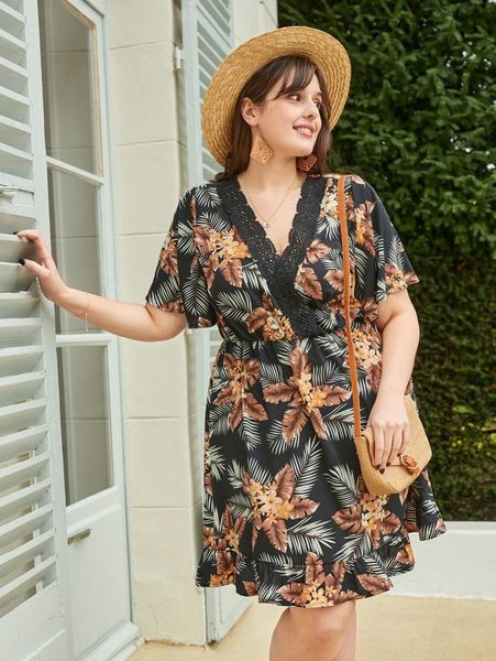 

plus tropical print contrast guipure lace ruffle hem dress l578#, Black