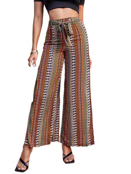 

geo print slit hem belted wide leg pants y21w#, Black;white