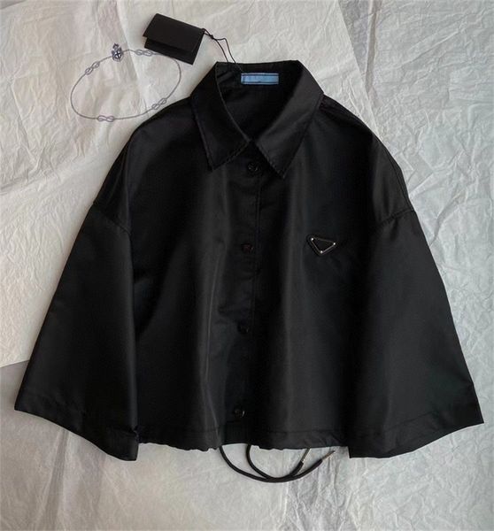 

women's polos parachute stereoscopic a-word stylish blouse lapel shirt thin coat t-shirt with triangle badge in black outfit, White