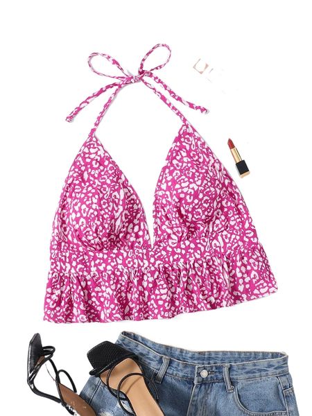 

plus leopard print tie back peplum halter h70s#, Black