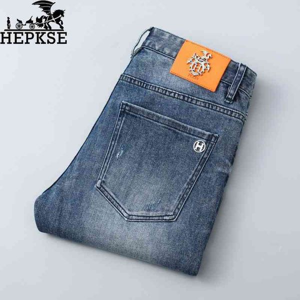 

men's jeans spring light luxury fashion brand jeans men's elastic straight tube high-end pants washed casual and versatile wcsf, Blue