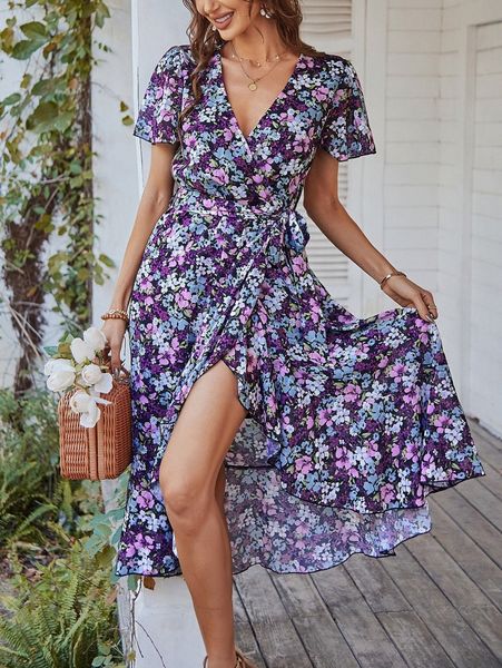 

floral print flutter sleeve ruffle hem belted dress v9il#, Black;gray