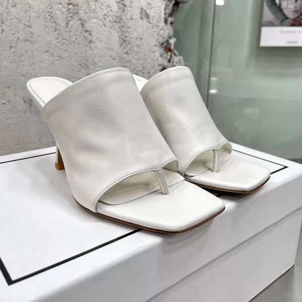 

women genuine leather slippers runway mules high heel thong sandals square open toe formal dress slides summer flipflops shoes, Black