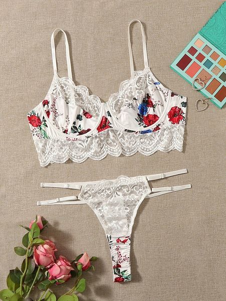 

plus floral contrast lace lingerie set a3ca#, Black;white