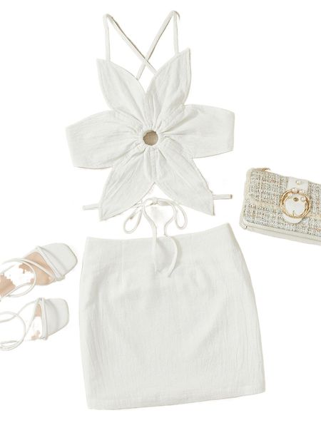 

lace up backless crop cami & bodycon skirt f5yw#, White