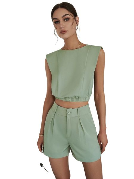 

sollinarry keyhole back crop & fold pleated detail shorts m4he#, White