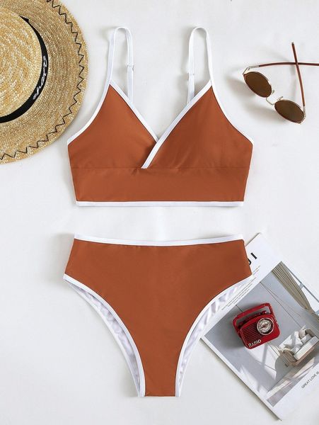 

binding trim high waisted bikini swimsuit p9xa#, White;black