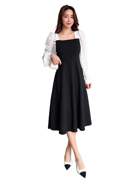 

dazy two tone square neck bishop sleeve dress f4rp#, Black;gray