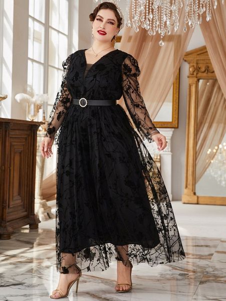 

plus puff sleeve belted mesh dress s5cq#, Black