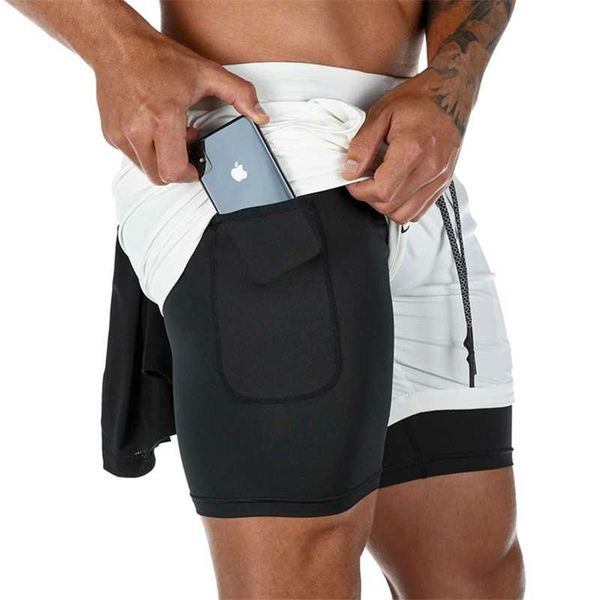 Pantalones cortos para hombres Jogger de doble capa 2 en 1 Hombres Gimnasios Fitness Bolsillo incorporado Bermudas Secado rápido Deportes Teclas de cadera