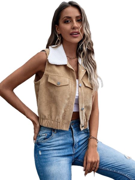 

contrast borg collar flap detail vest jacket b3nv#, Black;brown