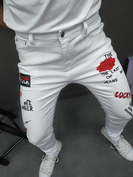 

men's jeans white men stretch slim fit letter funny denim pants 2022 party casual street fashion rose embroidery for, Blue