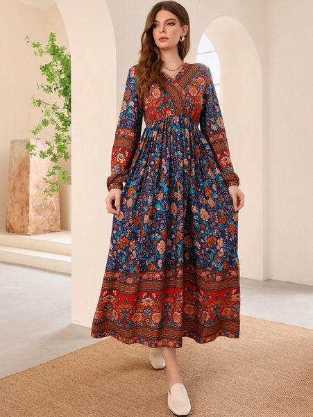 

v-neck floral print a-line dress t107#, Black;gray